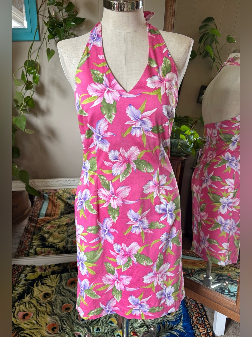 Jones NY Vtg 2000s Pink Floral Halter Summer Dress Womens 8